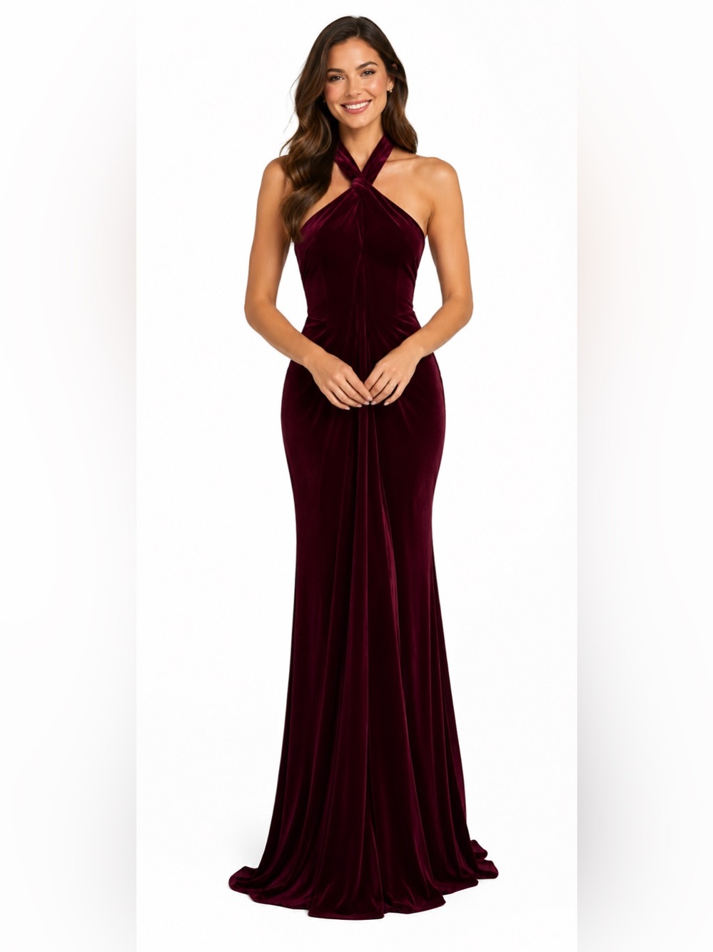 Azazie Wine Velvet Cross-Back Evening Dress Size 6.   *Drycleaned
